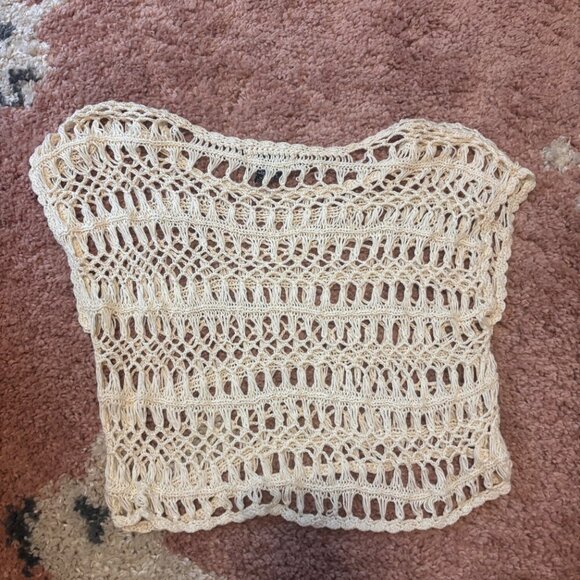 Say What? Y2K Vintage Ivory/Off White Crop Short Sleeve Crocheted Top Size Large - Picture 3 of 3